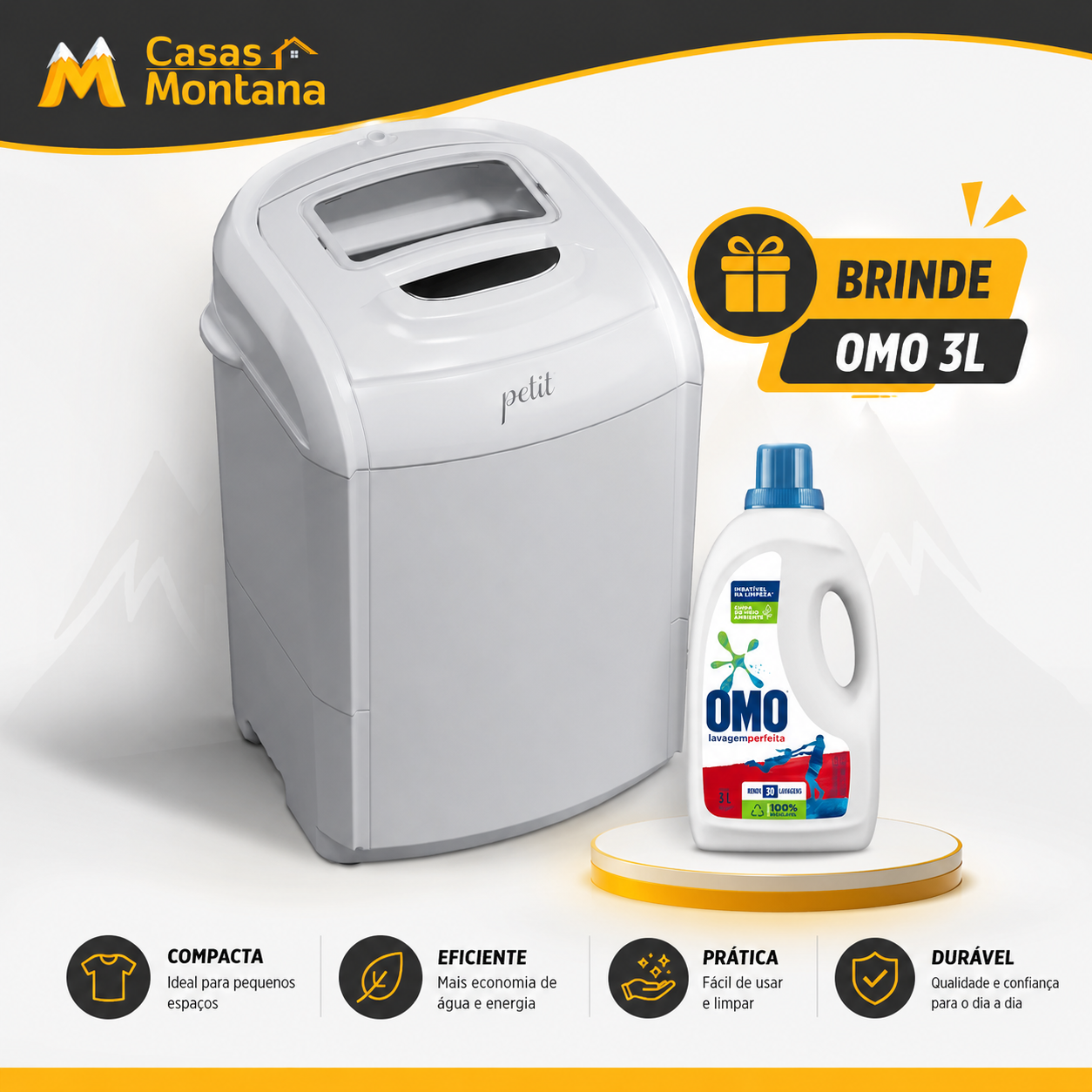 Maquina de Lavar 1,2 Kg - 5 Programas de Lavagem + 3L de Omo 3L Lava Roupas