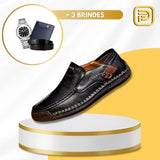 Kit Sapato Mocassim Masculino Ortopédico em 100% Couro Legítimo + BRINDES: Cinto, Carteira e Relógio