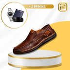 Kit Sapato Mocassim Masculino Ortopédico em 100% Couro Legítimo + BRINDES: Cinto, Carteira e Relógio