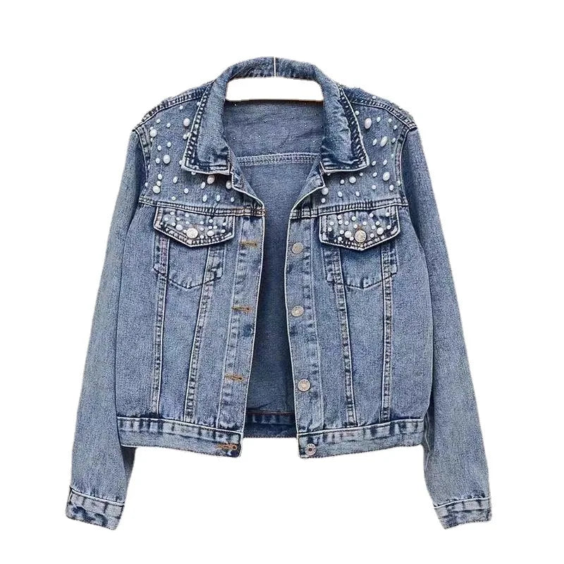 Jaqueta feminina Casual De inverno Jeans Com Pérolas Gola Curta - Promoção de Inverno 2025
