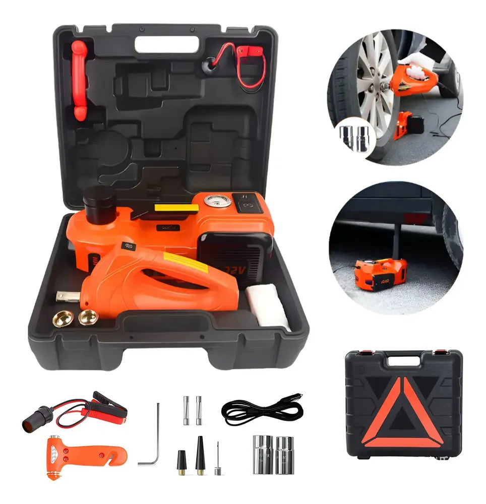 Kit Macaco Elétrico 4 em 1 — Compressor de Ar, Chave de Impacto 480 N.m, Lanterna LED e Macaco Hidráulico 5 Toneladas + Par de Luvas + Martelo de Segurança